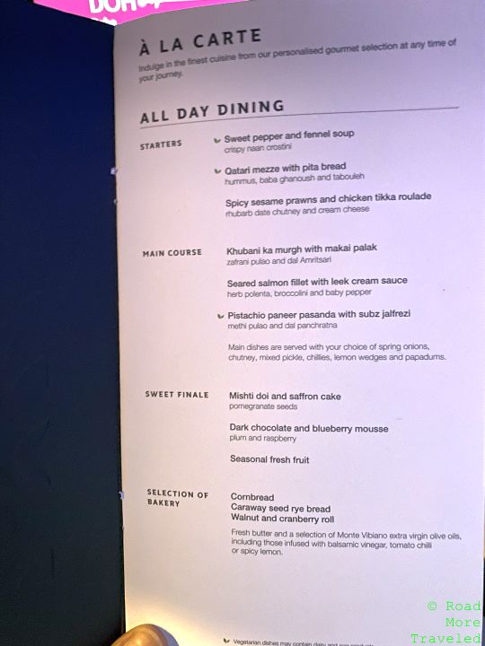 Qatar Airways B787-9 Business Class food menu