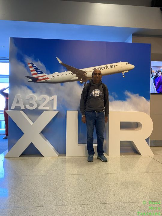 AA A321XLR backdrop at inaugural gate party, JFK