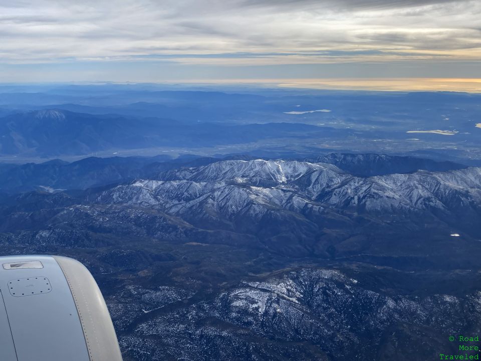 Snow-capped San Bernardino Mountains approaching LAX