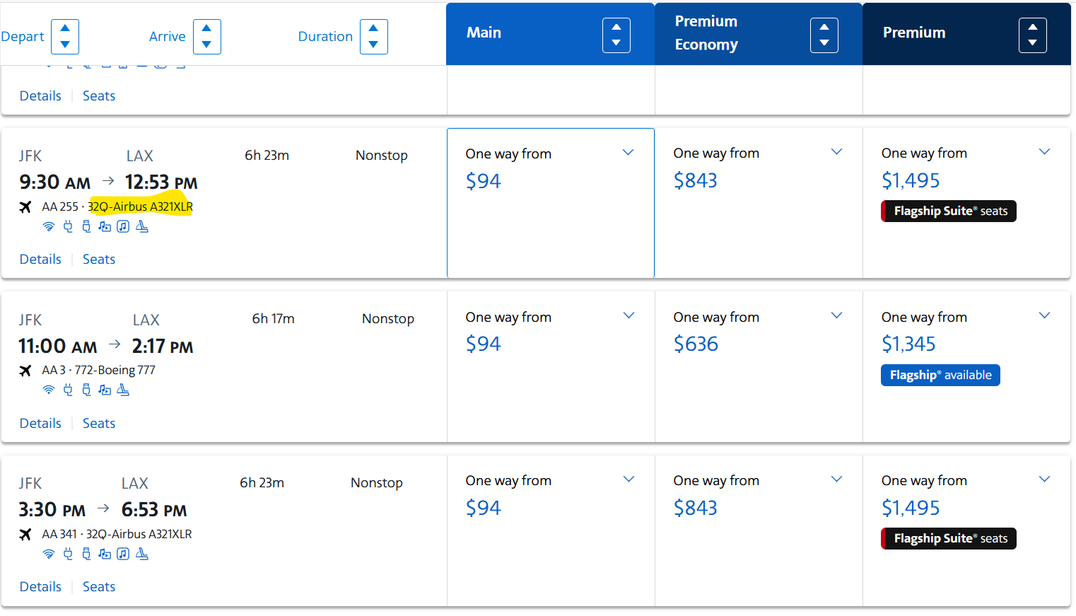 How to find A321XLR when searching AA flights