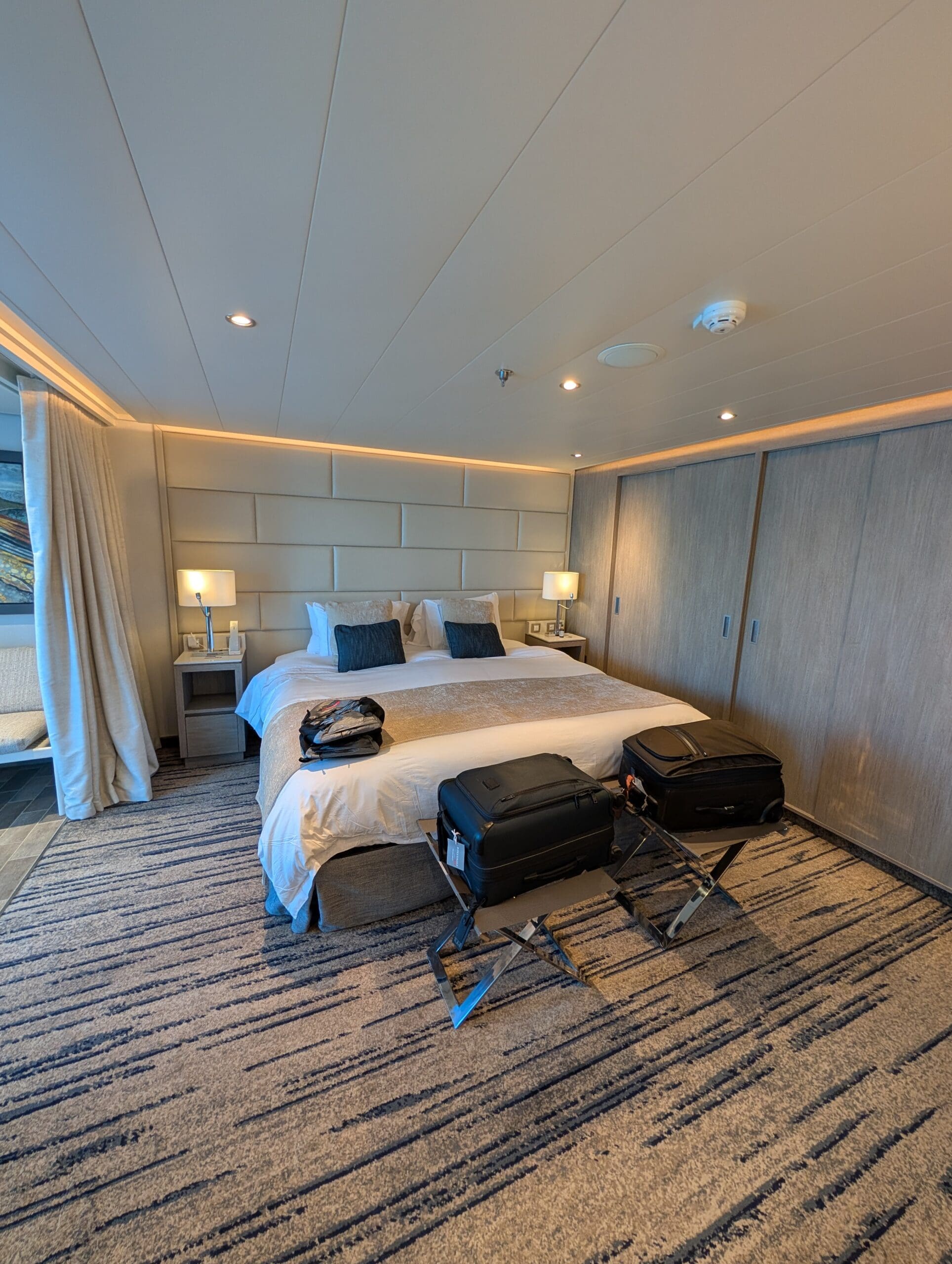 a room with a bed and luggage