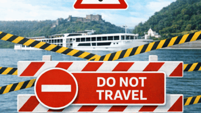 a red and white sign on a barrier with a boat in the background