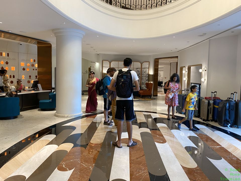 a group of people in a lobby