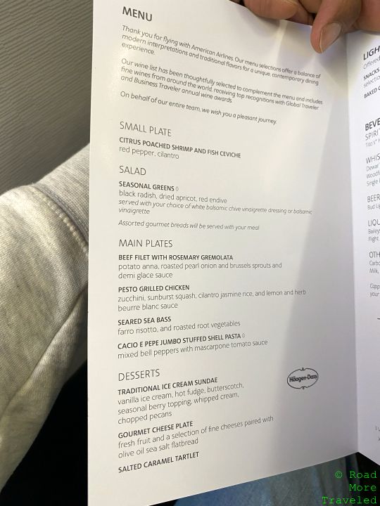 American A321XLR Business Class lunch menu