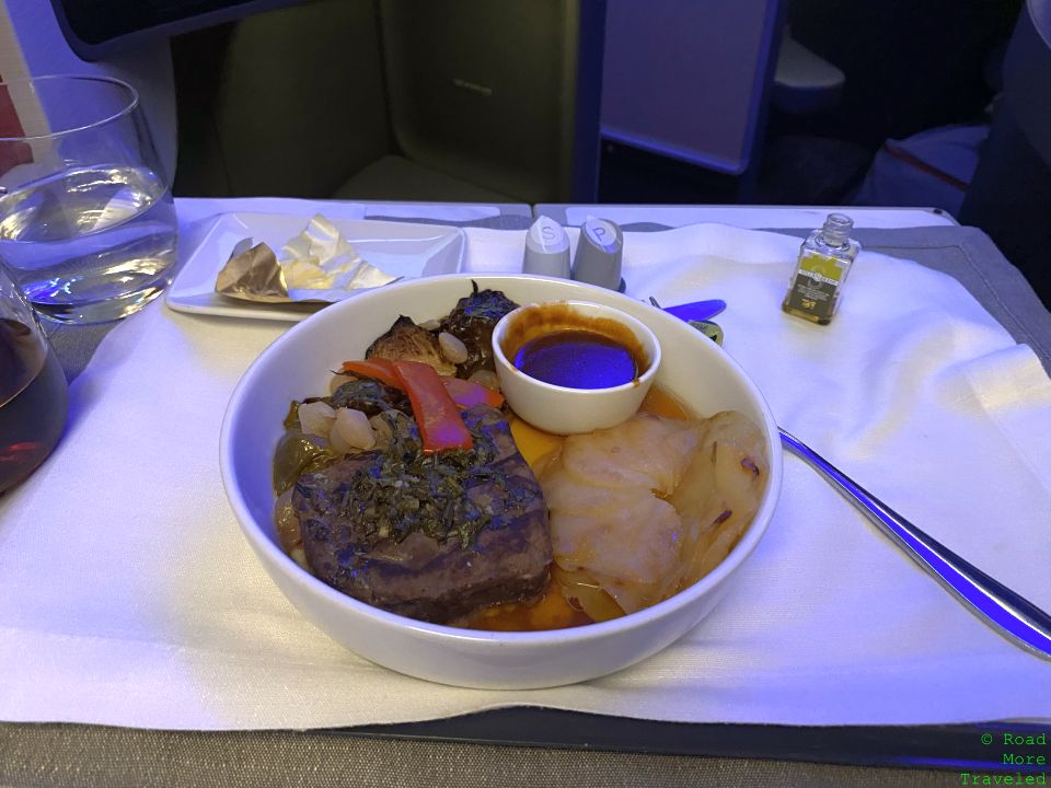 American A321XLR Business Class main course