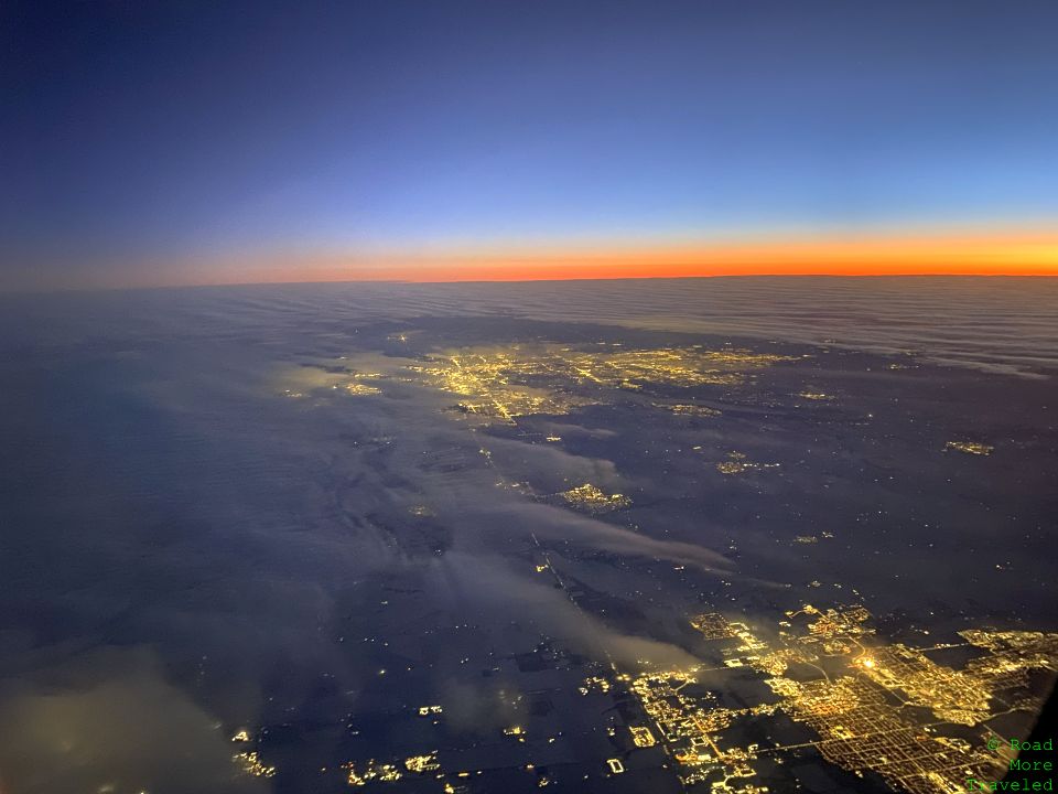an aerial view of a city at night