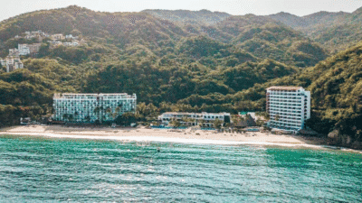 a beach with buildings and trees