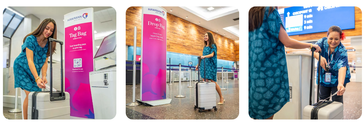 a woman in a blue dress pulling a luggage bag