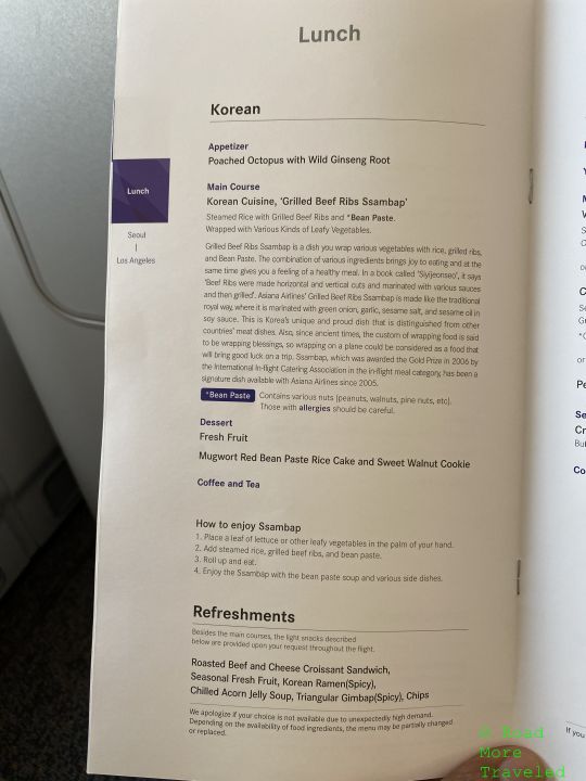 Asiana Business Class Korean menu
