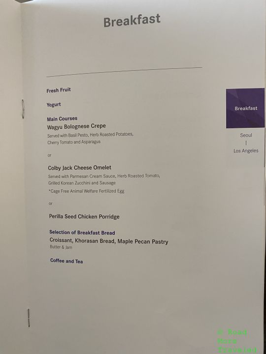 Asiana Business Class breakfast menu